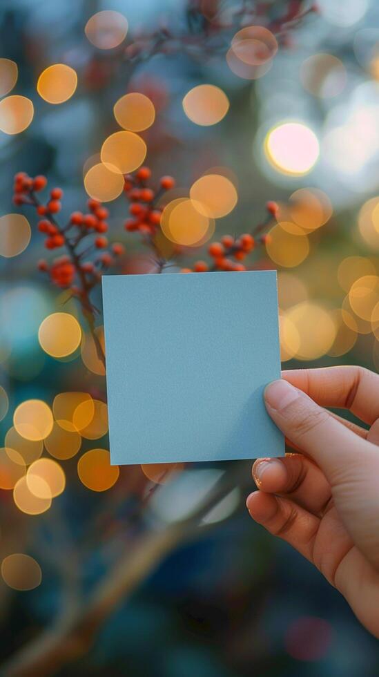 AI generated Womans hand holds small blank blue paper with bokeh background Vertical Mobile Wallpaper photo