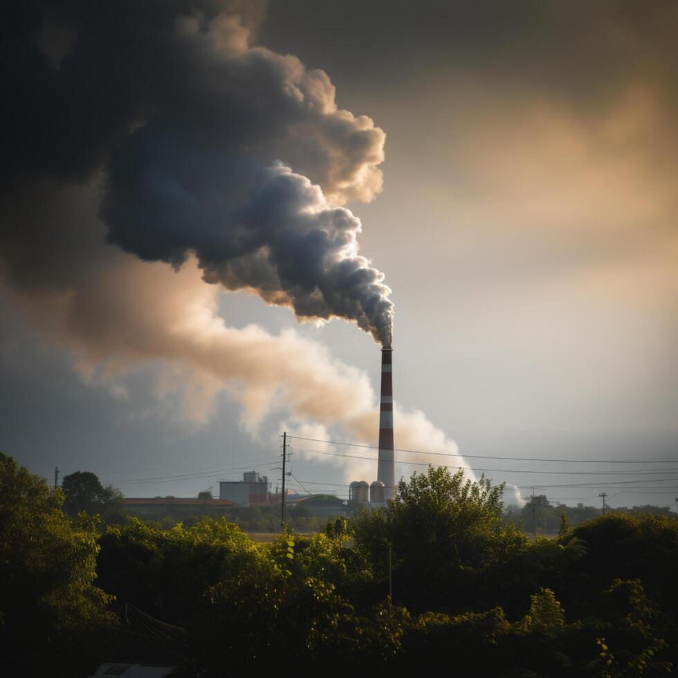 AI generated Pollution reality Tall chimney pollutes air with water vapor and smoke For Social Media Post Size photo