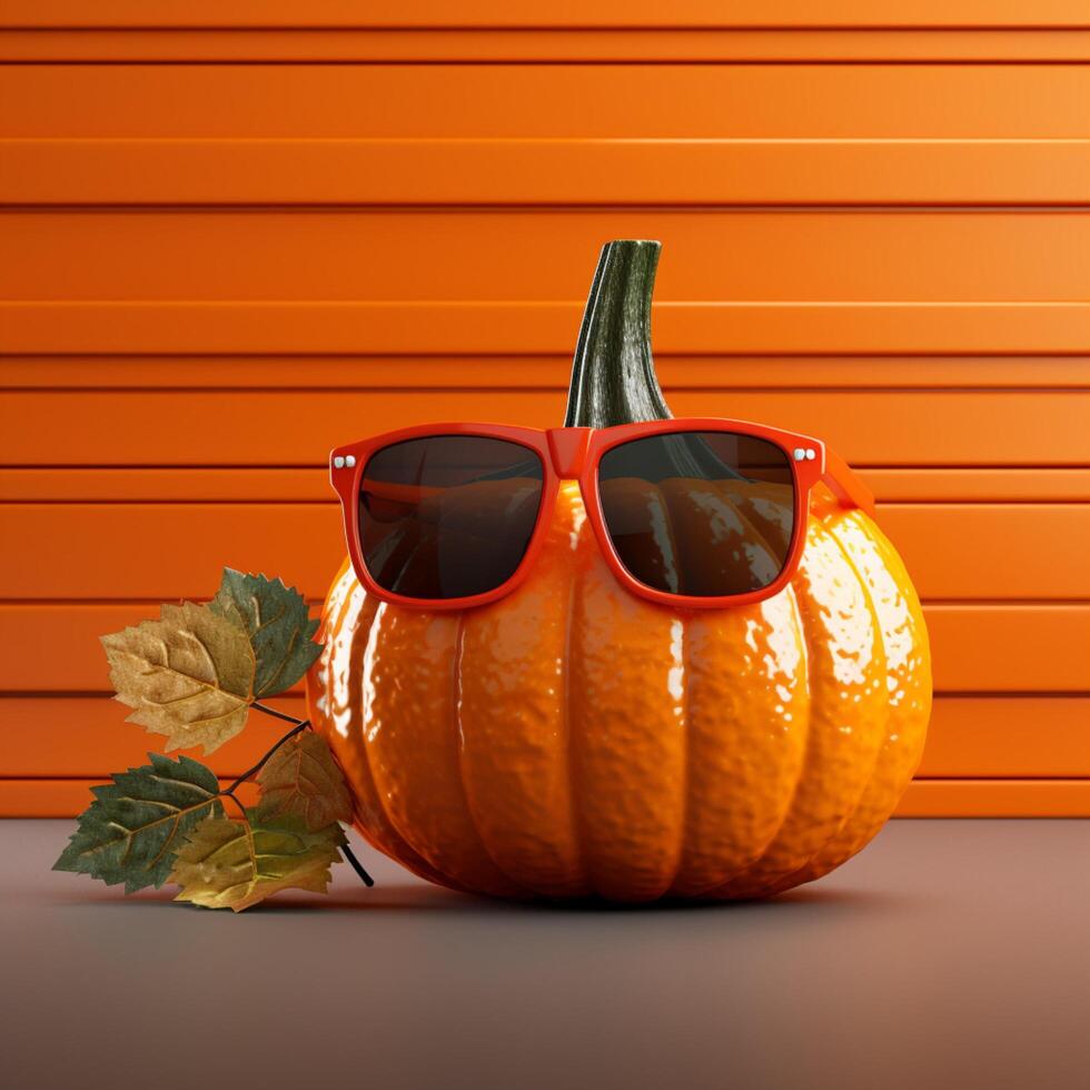 AI generated Quirky autumn Pumpkin with sunglasses adds a playful touch, 3D illustration For Social Media Post Size photo