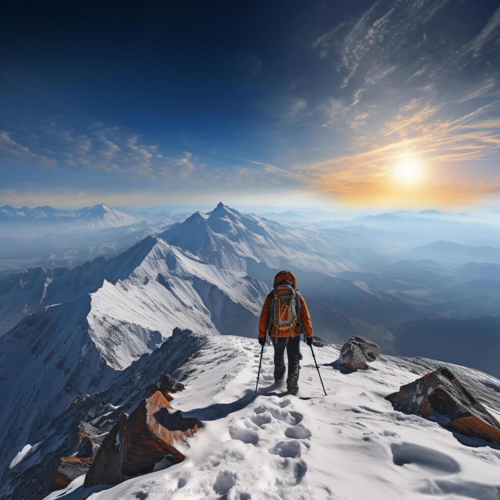 ai generado montaña conquistador caminante en parte superior de el nieve cubierto pico para social medios de comunicación enviar Talla foto