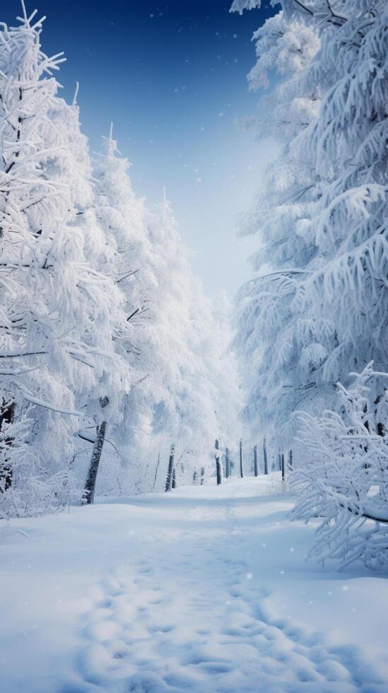 AI generated Winter wonderland Frozen forest scene with snow covered trees Vertical Mobile Wallpaper photo