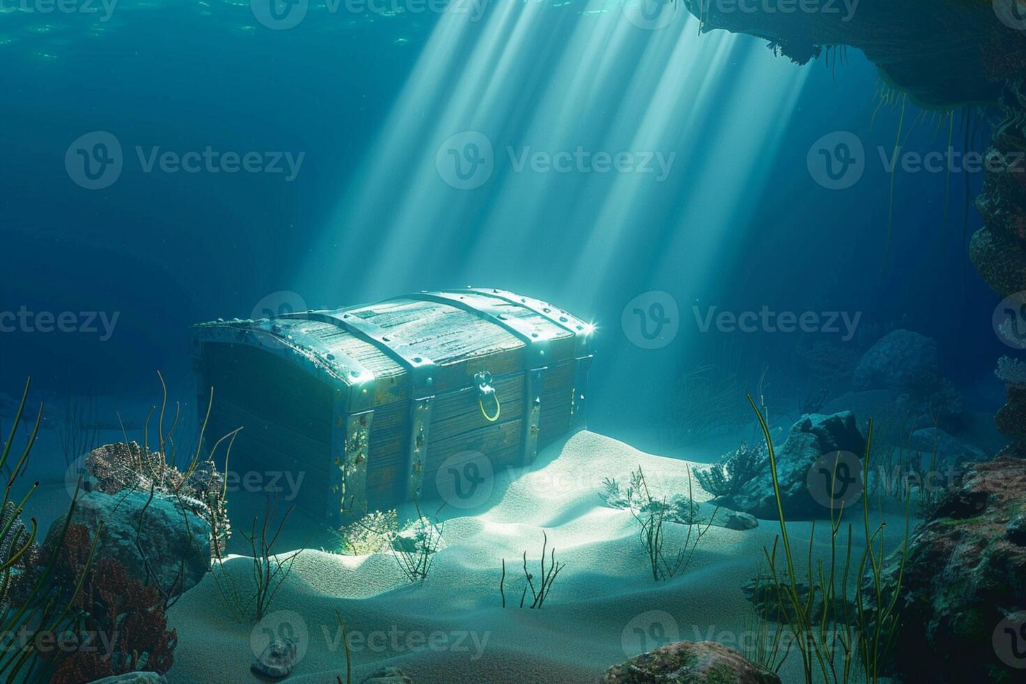 AI generated Sunken treasure chest undersea with rocks and sand 3D rendering photo