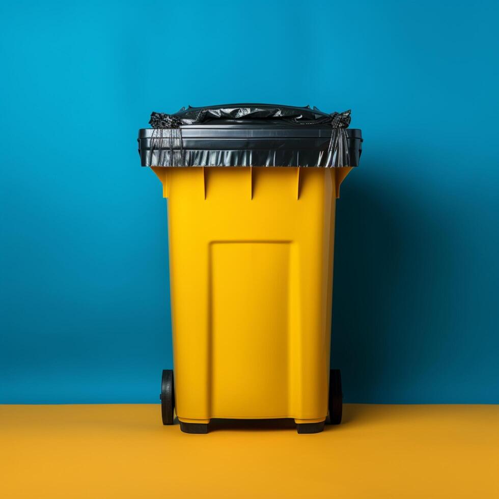 AI generated Ecological metaphor Garbage bin on yellow background promotes waste management For Social Media Post Size photo