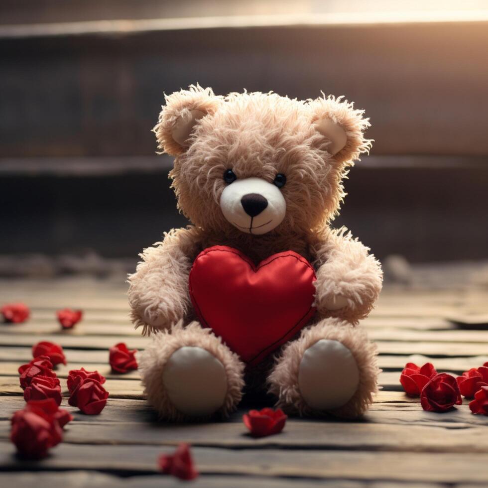 AI generated Heartfelt cuddle Teddy bear holds red heart, perfect Valentines symbol For Social Media Post Size photo