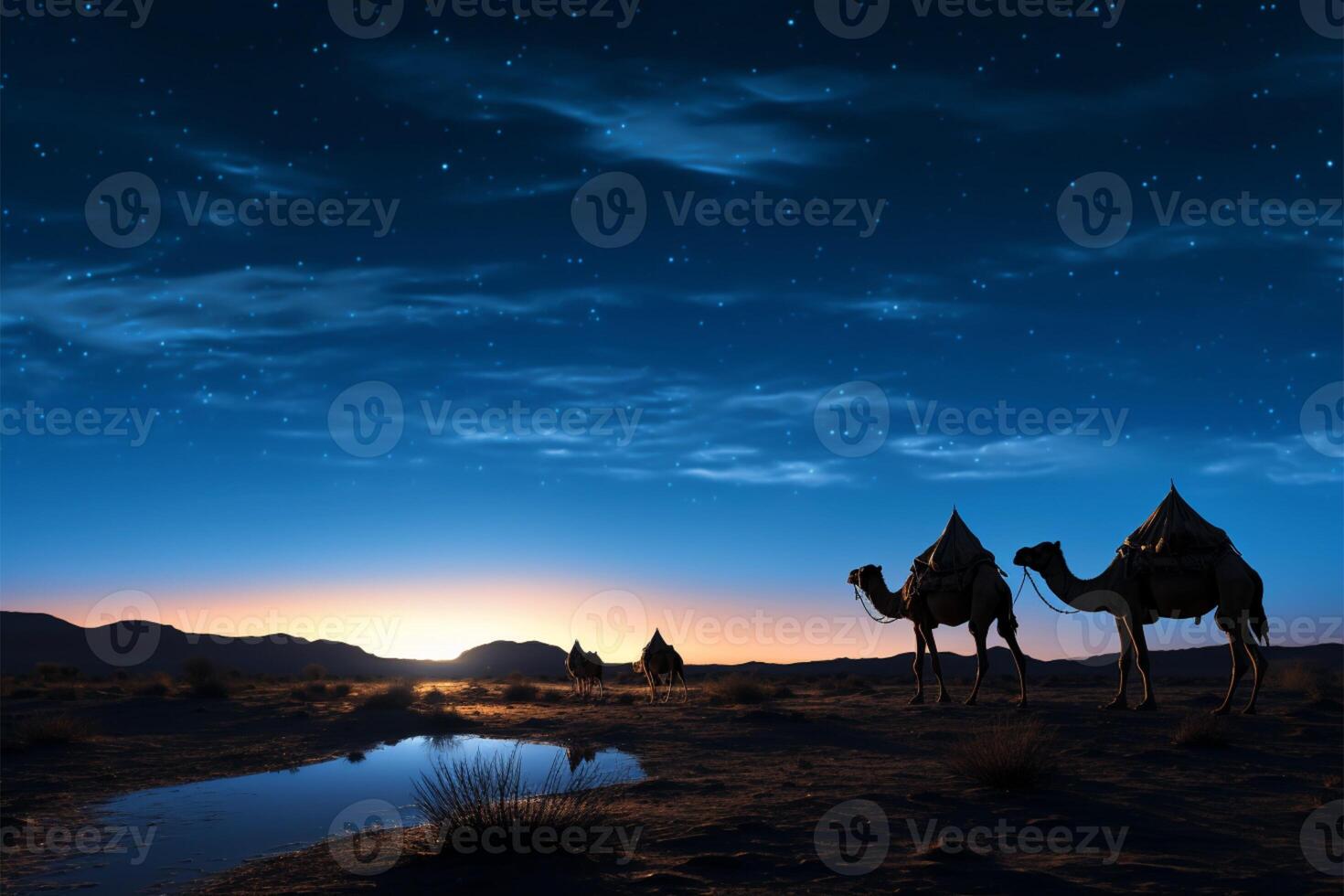 AI generated Desert mystique Camels in silhouette against a starlit evening sky photo