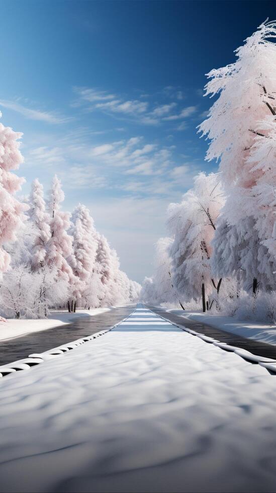AI generated Frozen beauty Snow covered trees create a picturesque winter scene Vertical Mobile Wallpaper photo