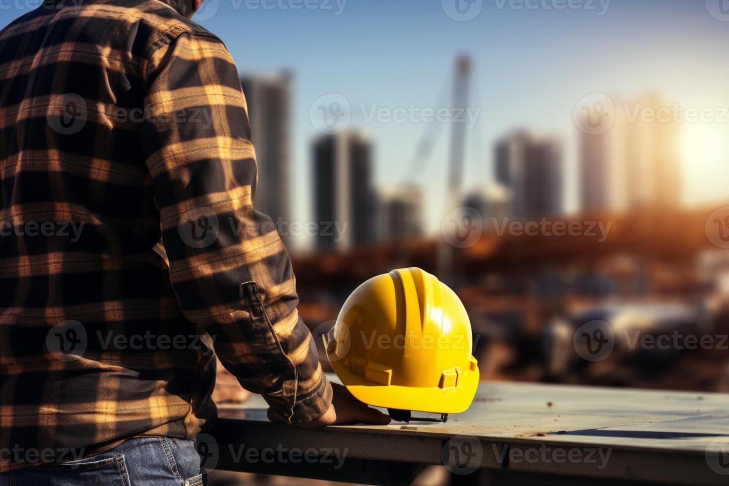 AI generated Construction focus Engineer with yellow helmet at construction site backdrop photo