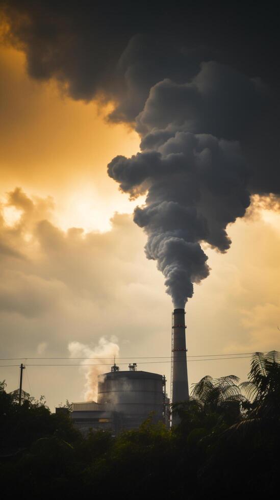 ai generado industrial impacto enorme fábrica Chimenea emitiendo agua vapor y fumar vertical móvil fondo de pantalla foto