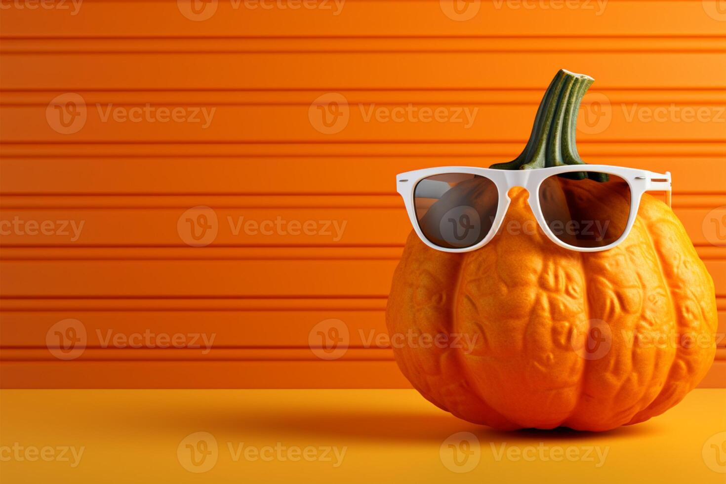 ai generado juguetón calabaza 3d ilustración, calabaza vistiendo Gafas de sol en naranja antecedentes foto