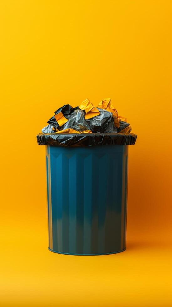 AI generated Eco conscious design Garbage bin on yellow background promotes environmental awareness Vertical Mobile Wallpaper photo