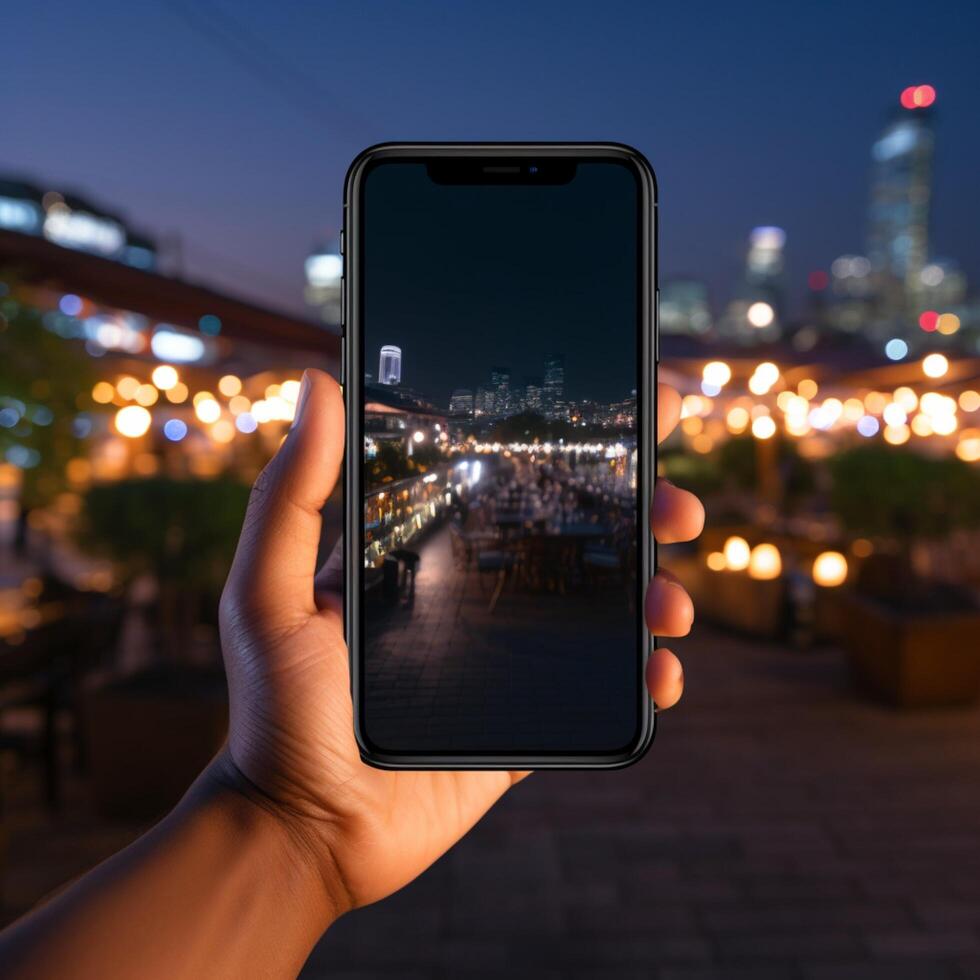 AI generated Modern lifestyle Smartphone held against cityscape backdrop at night For Social Media Post Size photo