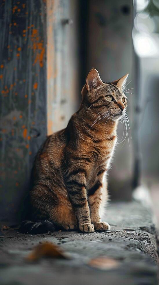 AI generated Alone, a cat sits on the cold cement floor, deep introspection Vertical Mobile Wallpaper photo