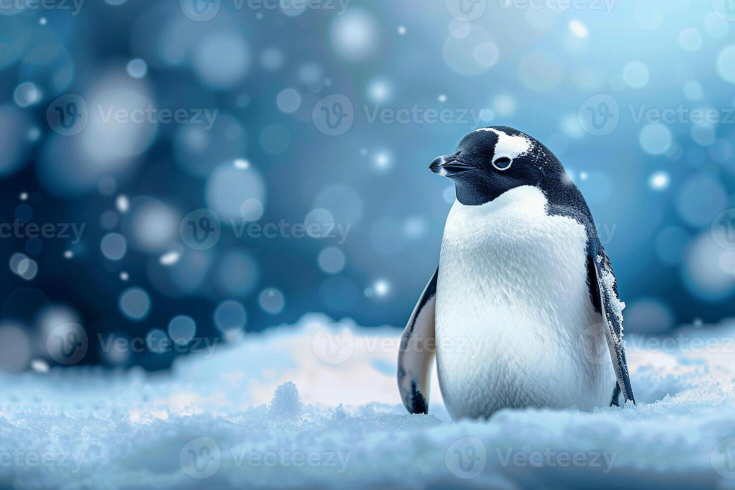 AI generated Arctic backdrop Penguin on snow covered ground with empty text space photo