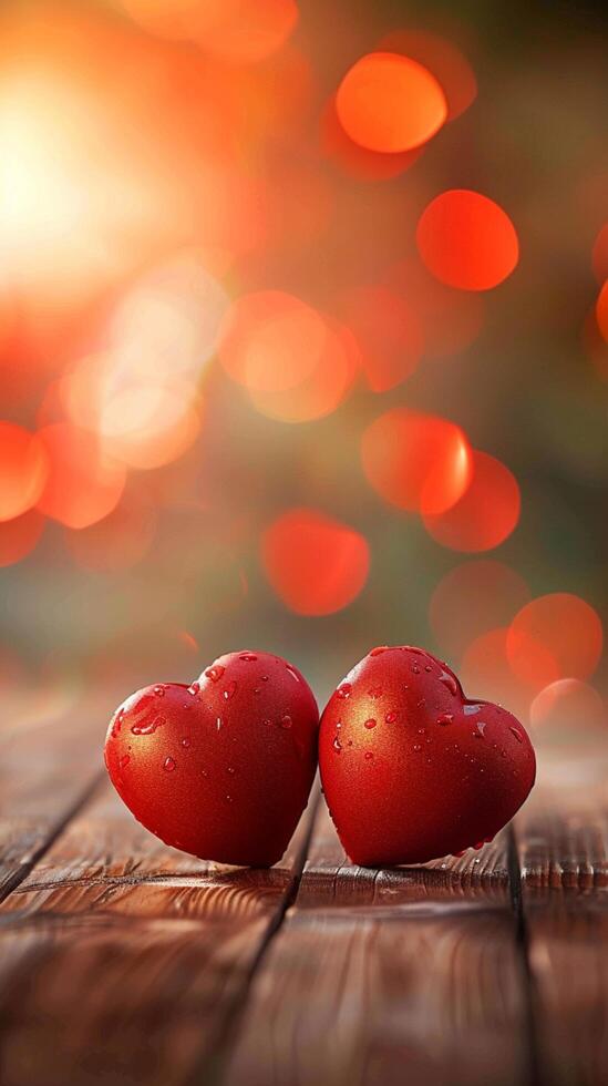 AI generated Sweet love scene Red hearts on a wooden table backdrop Vertical Mobile Wallpaper photo