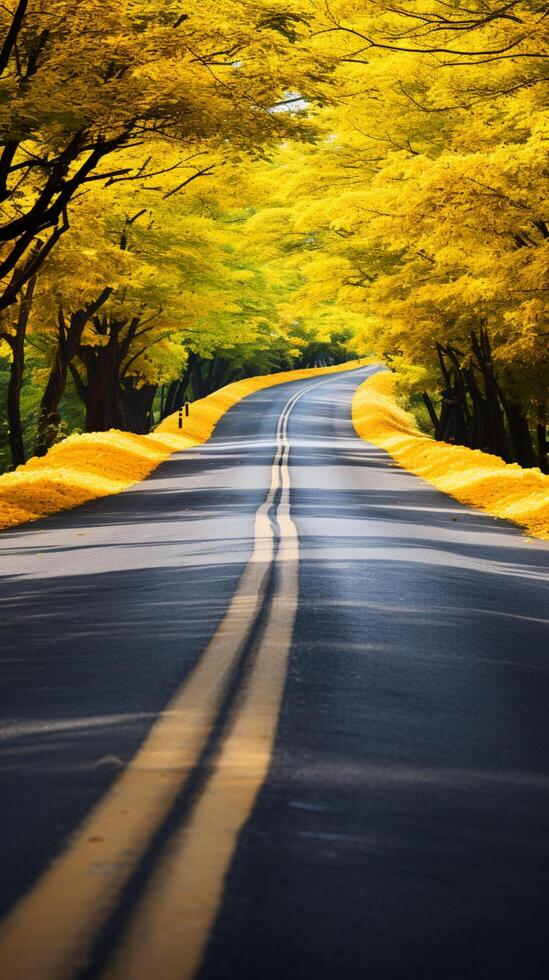 ai generado campo viaje amarillo forrado la carretera con arboles crea un escénico ver vertical móvil fondo de pantalla foto