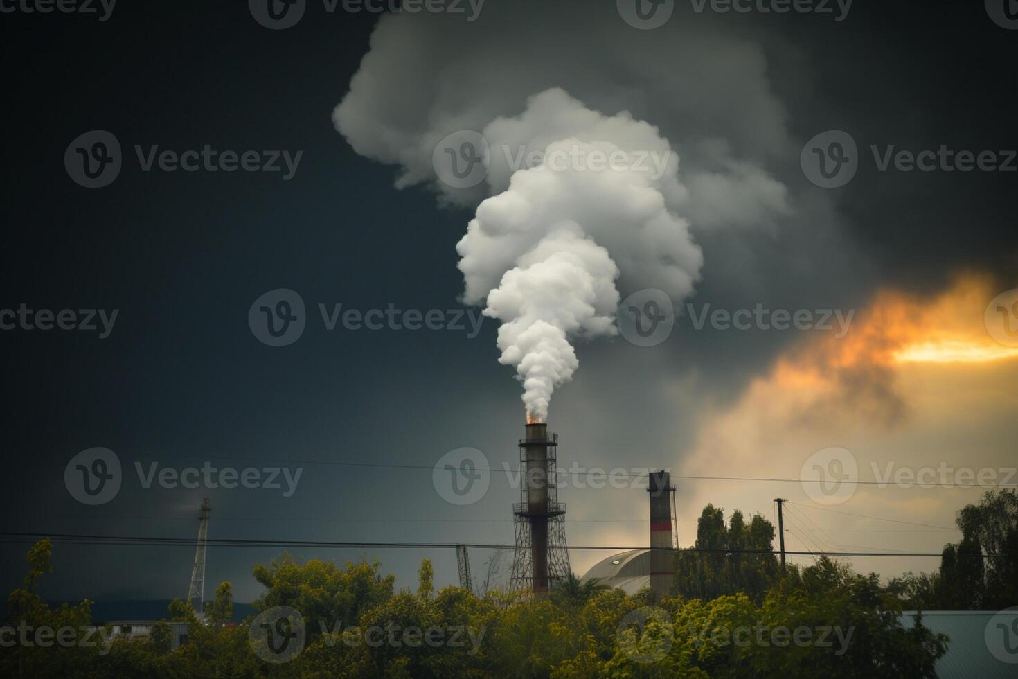 ai generado industrial impacto enorme fábrica Chimenea emitiendo agua vapor y fumar foto