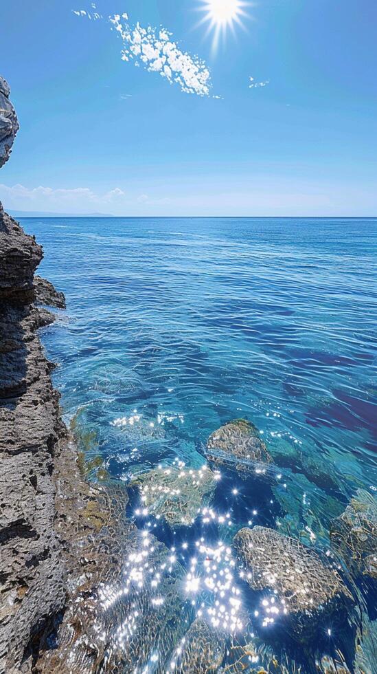 AI generated Blue serenity Tranquil seascape with a textured shoreline in blue Vertical Mobile Wallpaper photo