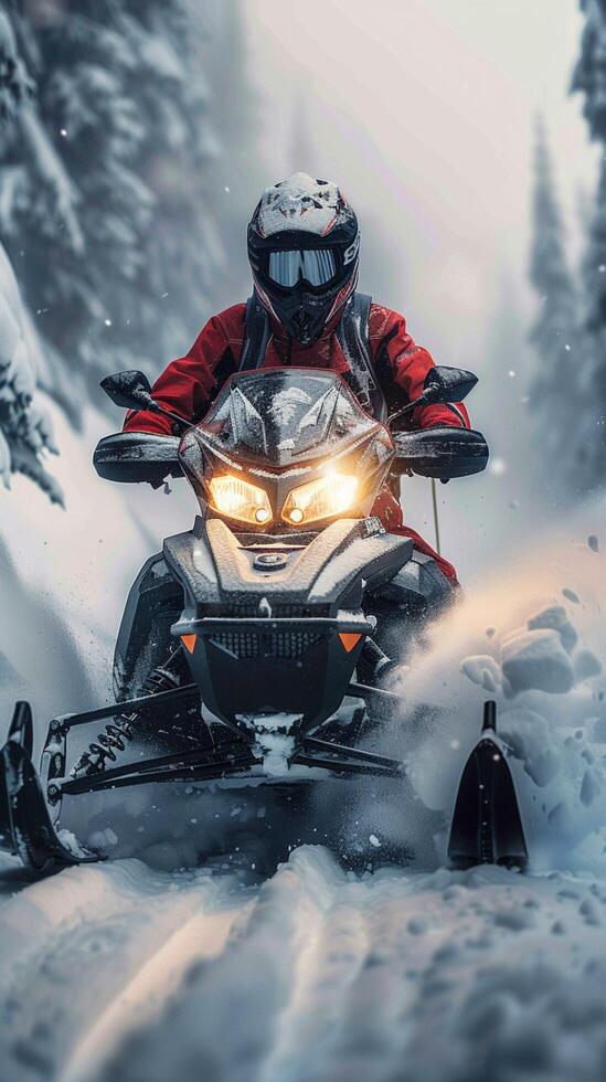AI generated Winter mission Snowmobile speeds through heavy snow in alpine rescue Vertical Mobile Wallpaper photo