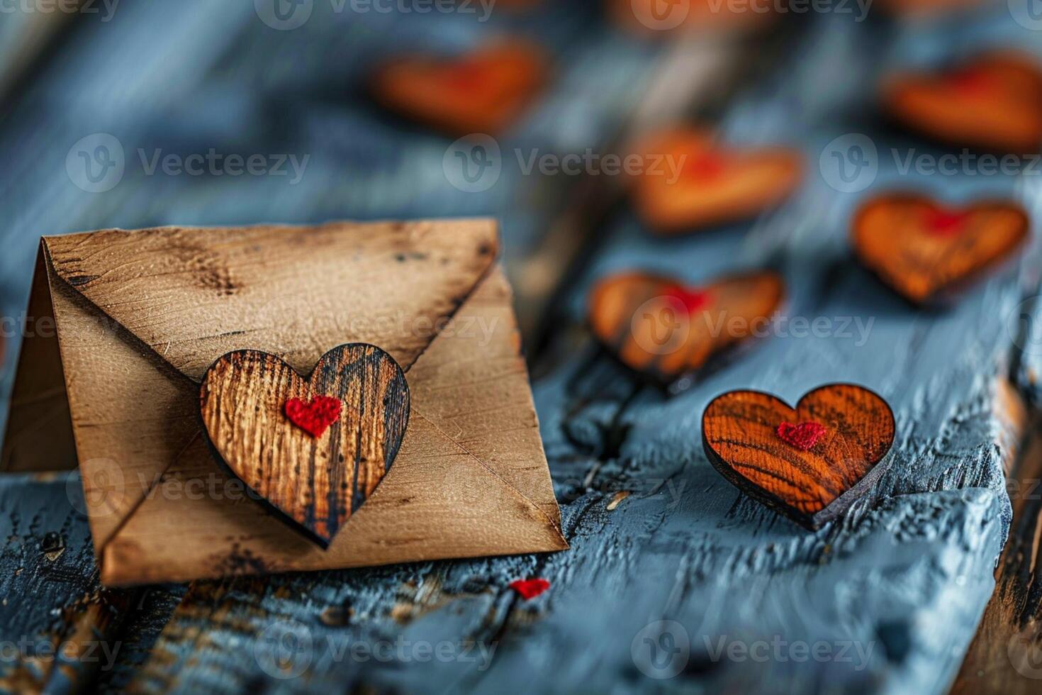 AI generated Romantic rusticity Wooden hearts surround a rustic Valentine envelope photo