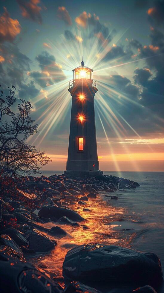 AI generated Eerie charm Age old haunted lighthouse emanates mystical light beams at midnight Vertical Mobile Wallpaper photo