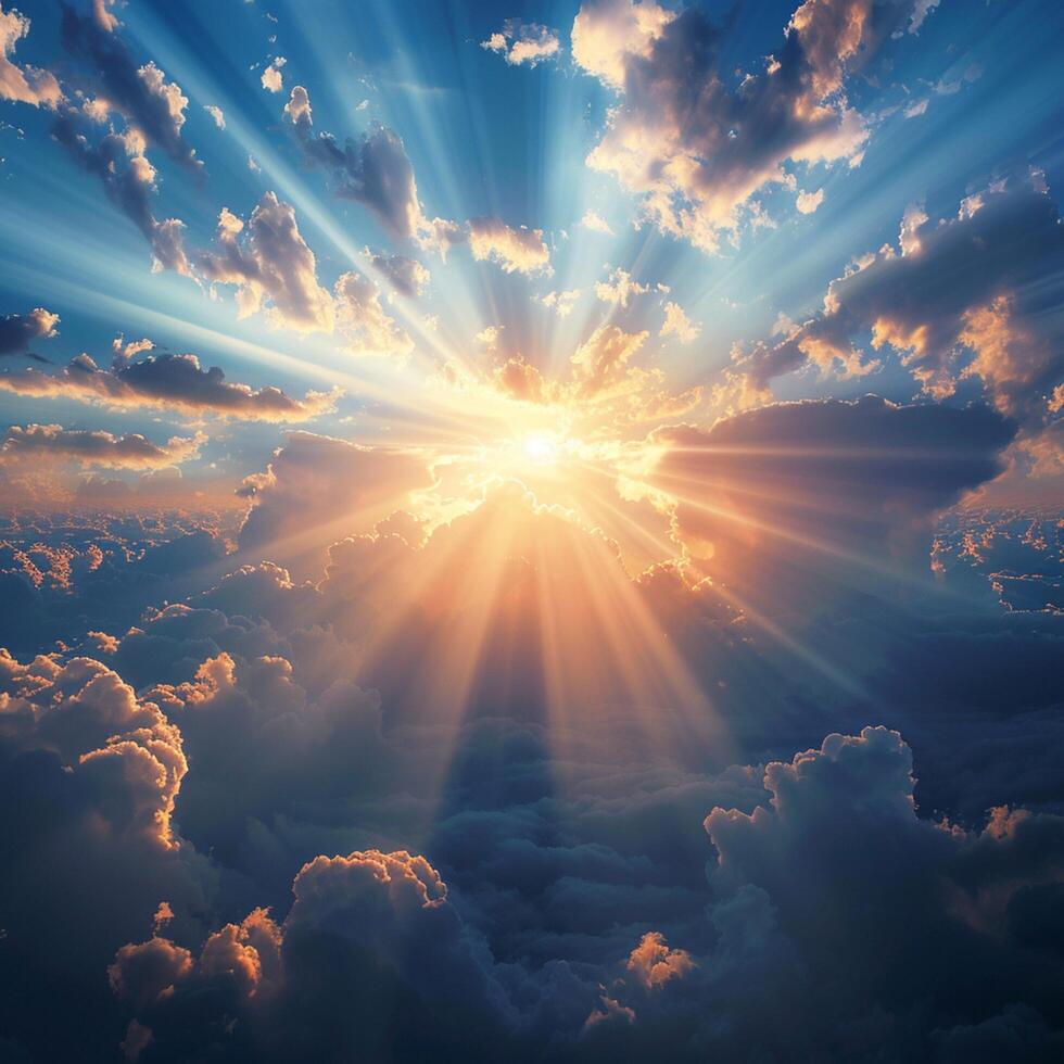 AI generated Celestial beauty Divine rays break through clouds, revealing serene panorama For Social Media Post Size photo