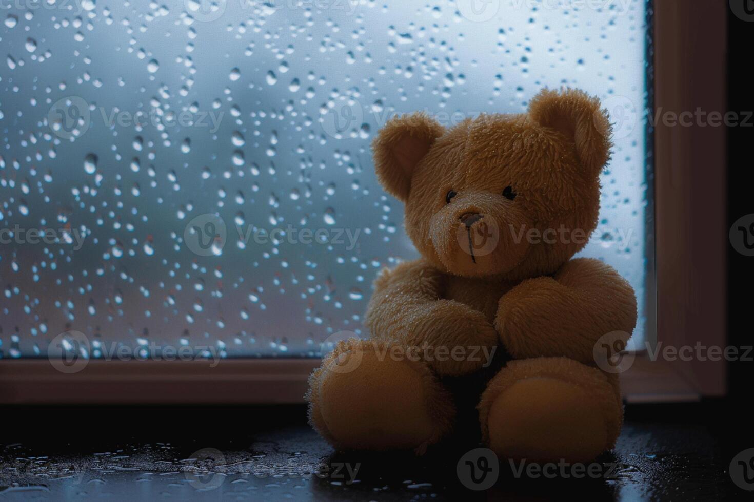 AI generated Rainy day, teddy bear lovers share an embrace, gazing outdoors photo