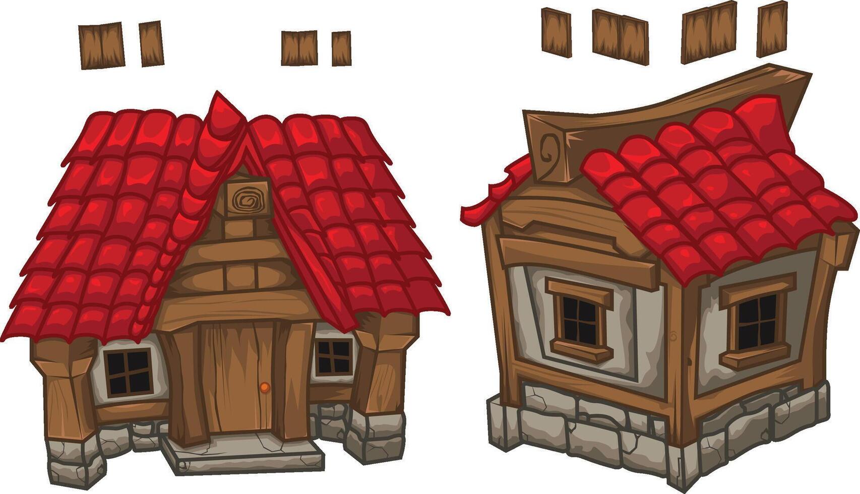 2 medieval casas con rojo techo vector