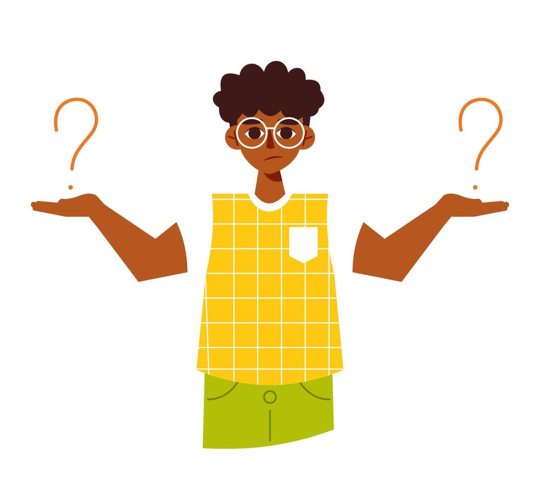 Confused young African American guy thinking surrounded by question marks. Vector character in flat cartoon style isolated on white background. Concept of doubting, making choice and solving problem