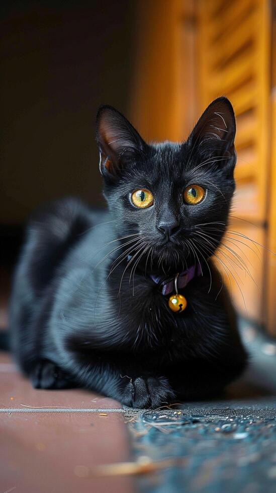 AI generated Ground sitting black cat with captivating yellow eyes, a compelling pose Vertical Mobile Wallpaper photo