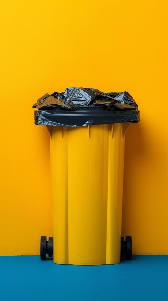 AI generated Ecological metaphor Garbage bin on yellow background promotes waste management Vertical Mobile Wallpaper photo