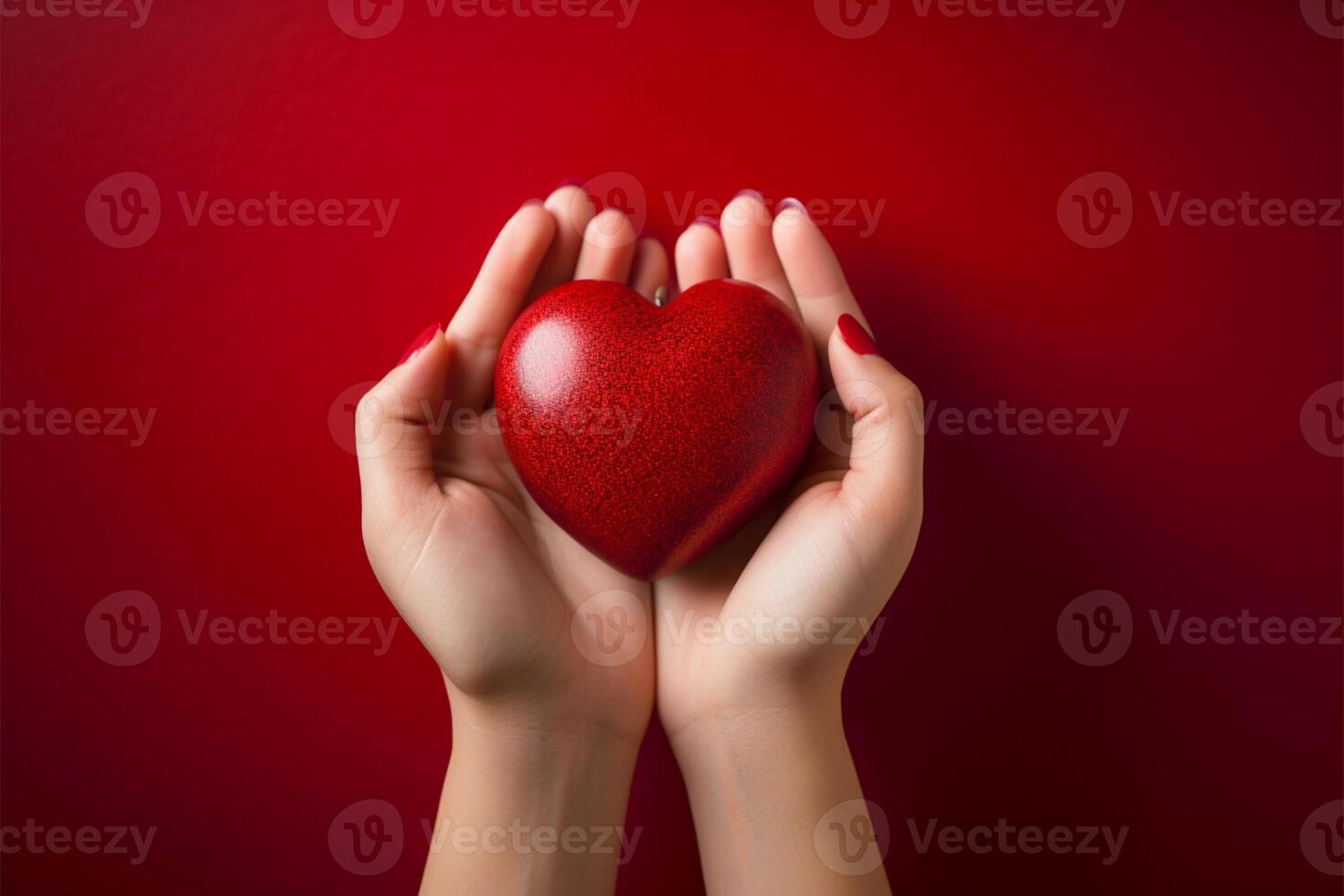 AI generated Heartfelt gesture Female hand presents red heart on red backdrop photo