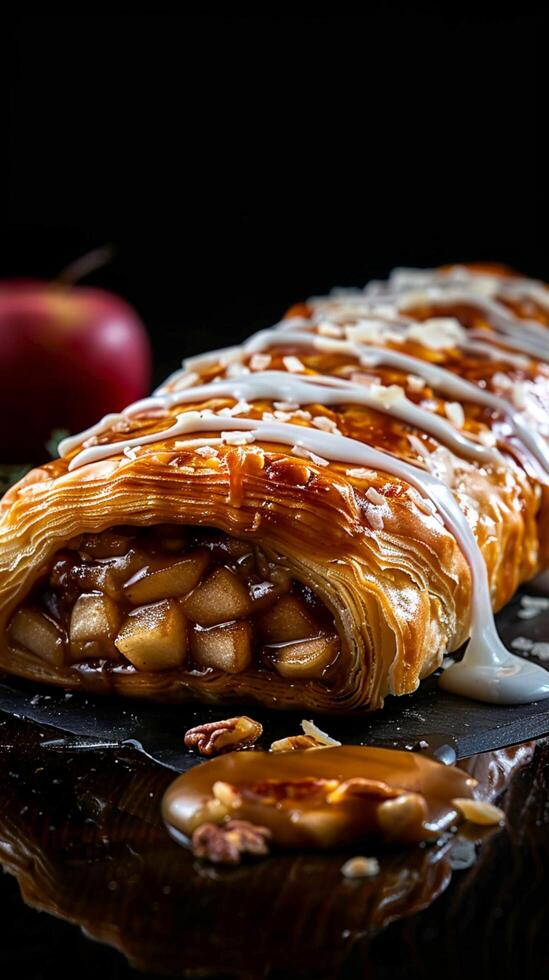 AI generated Irresistible treat Apple strudel on dark background with text space Vertical Mobile Wallpaper photo