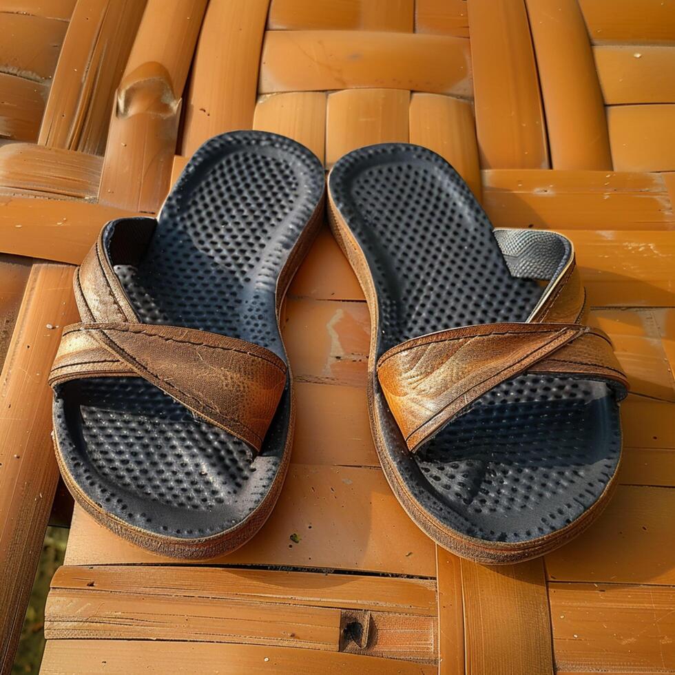 AI generated Picture perfect brown flip flops, ideal for a fashionable summer ensemble For Social Media Post Size photo