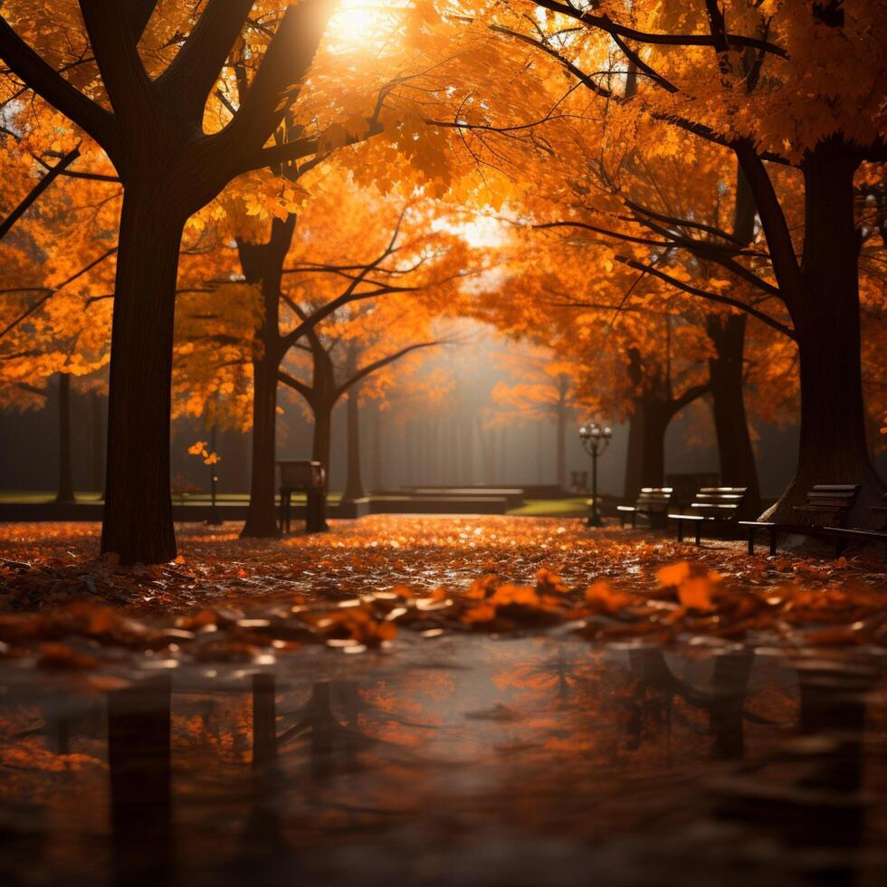 AI generated Autumn park glows with warmth beneath a canopy of orange For Social Media Post Size photo