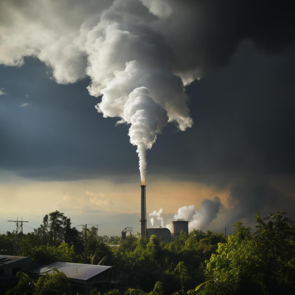 ai generado contaminación realidad alto Chimenea contamina aire con agua vapor y fumar para social medios de comunicación enviar Talla foto