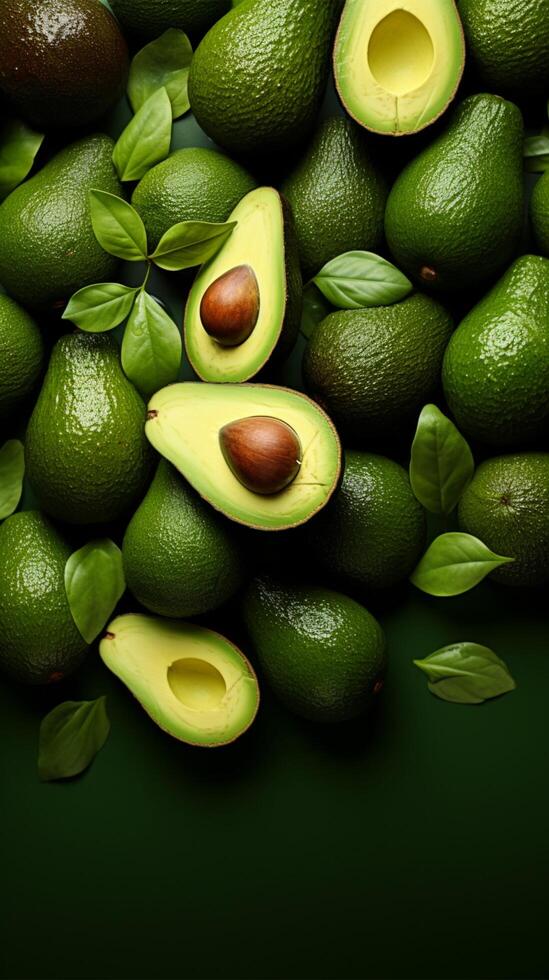 ai generado nutritivo Rico monitor Fresco aguacates arreglado en lozano verde antecedentes vertical móvil fondo de pantalla foto