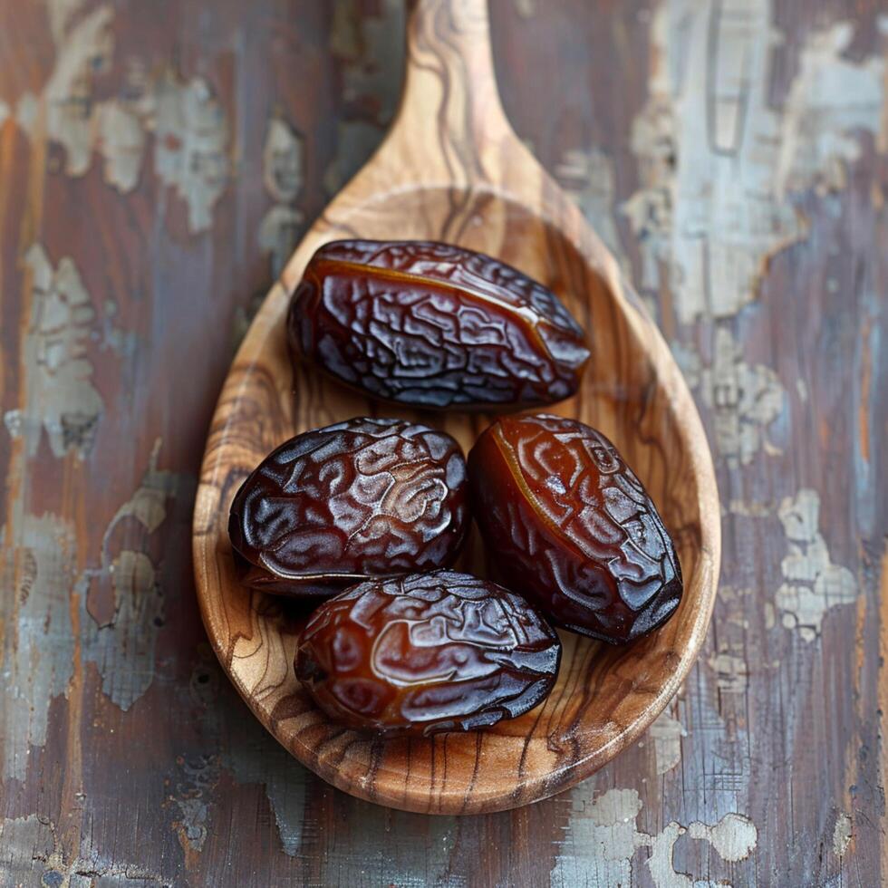 AI generated Nutrient rich display Medjool dates in wooden spoon, perfect Ramadan imagery For Social Media Post Size photo