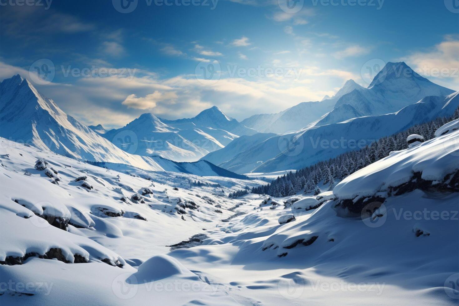 ai generado majestuoso invierno montañas adornado en nieve crear asombroso escénico belleza foto