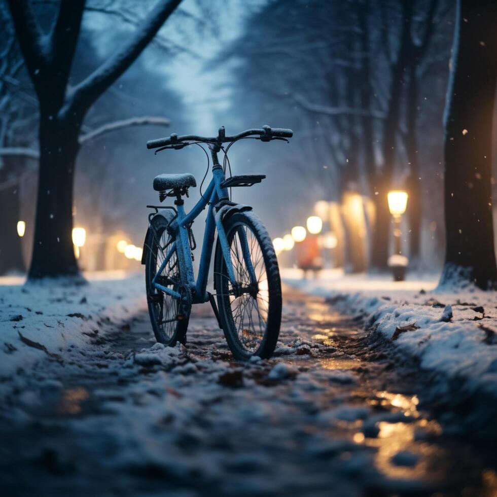 ai generado escarchado pedal aventuras Noche bicicleta paseo en Nevado invierno parque para social medios de comunicación enviar Talla foto