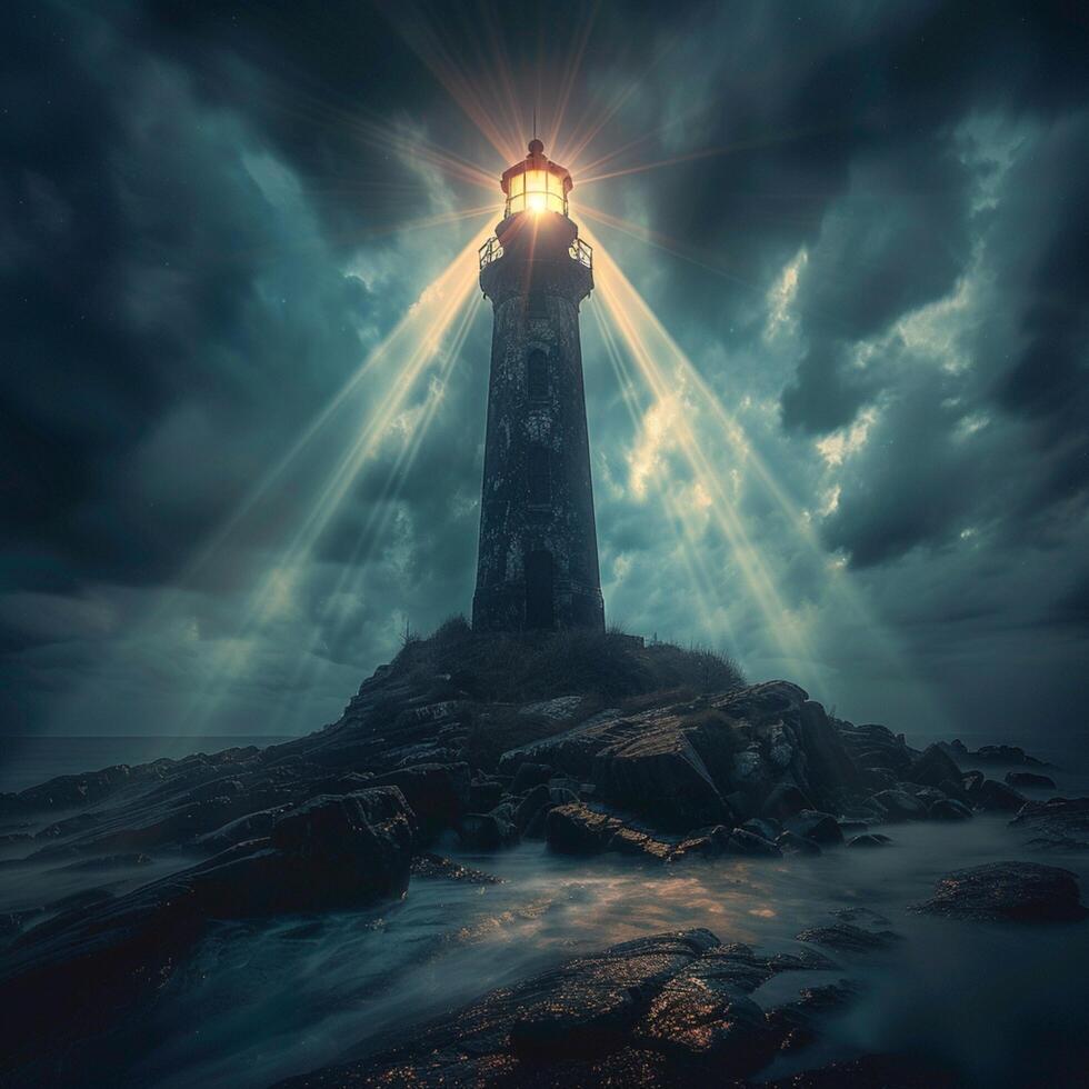 AI generated Midnight mystery Haunted lighthouse bathed in mystical light beams For Social Media Post Size photo