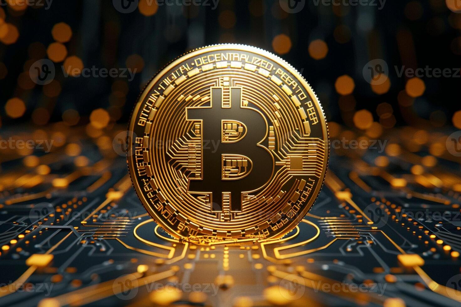 AI generated Gold coin Bitcoin on electronic circuit pattern, cryptocurrency exchange concept photo