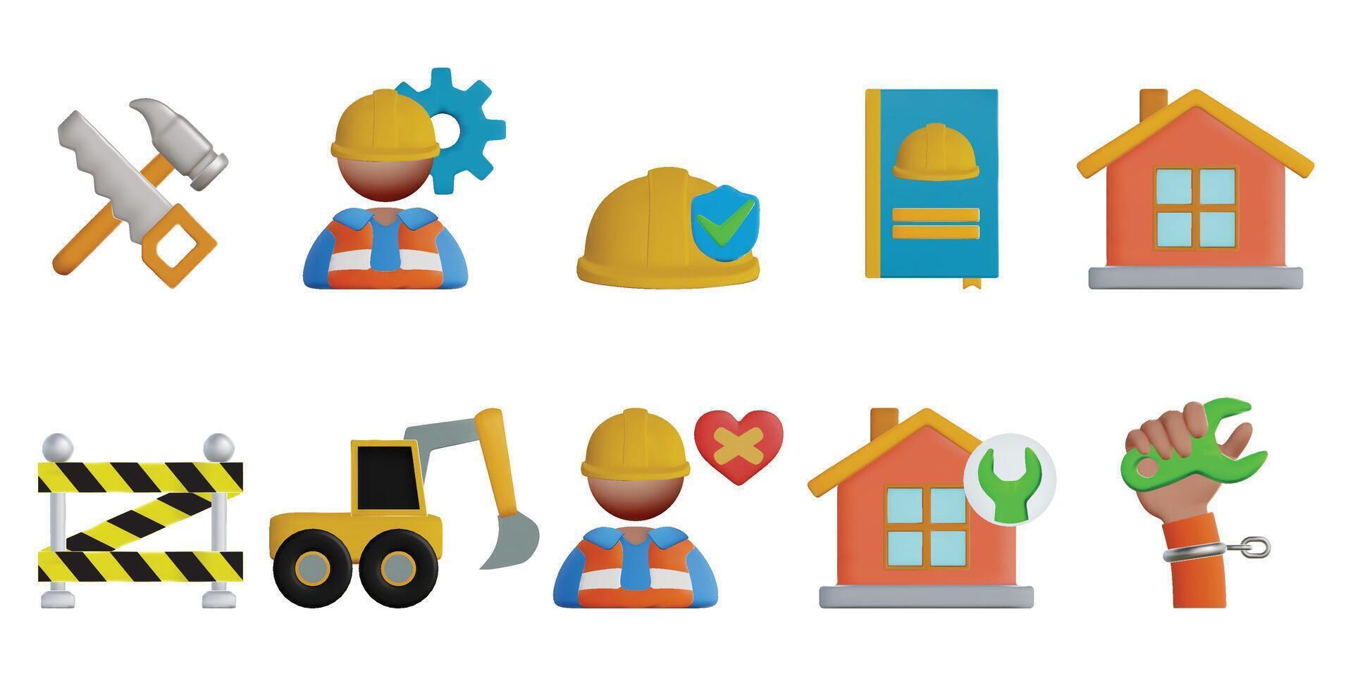 Set of 3d Vector Icons Related to Labor, Construction, Labour day, Renovation.