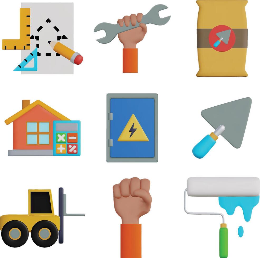 Set of 3d Vector Icons Related to Labor, Construction, Labour day, Renovation.
