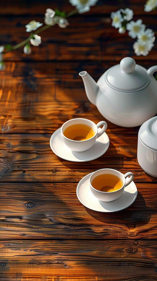 AI generated White teacup and teapot, top view on wood 3D rendering Vertical Mobile Wallpaper photo