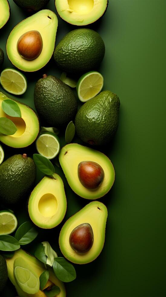 ai generado aguacate frescura vibrante verde antecedentes vitrinas plano laico arreglo vertical móvil fondo de pantalla foto