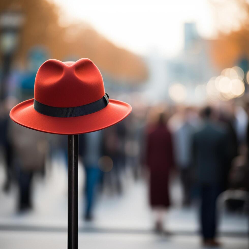 AI generated Red hat pops on pole, a standout in bustling crowd For Social Media Post Size photo