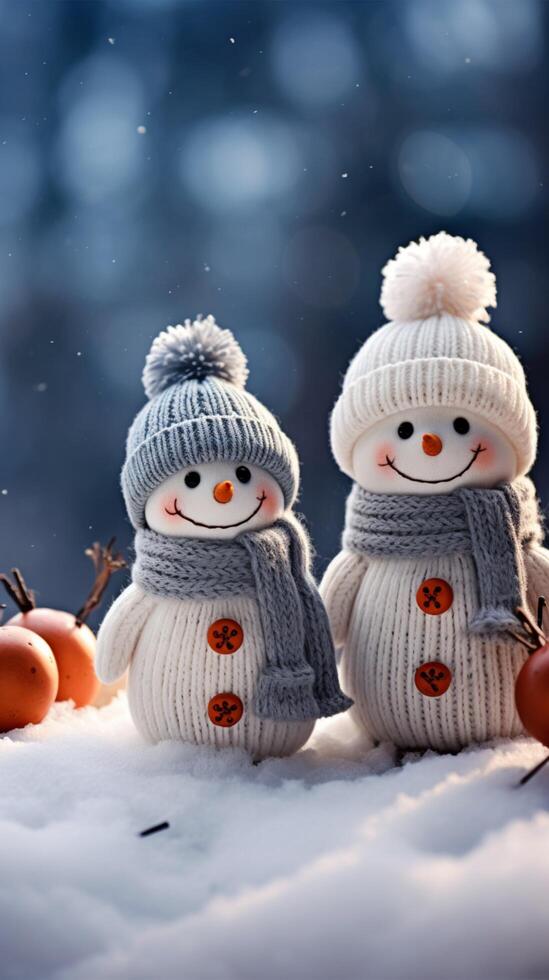 AI generated Snowy delight Adorable knitted snowmen add charm to winter scene Vertical Mobile Wallpaper photo