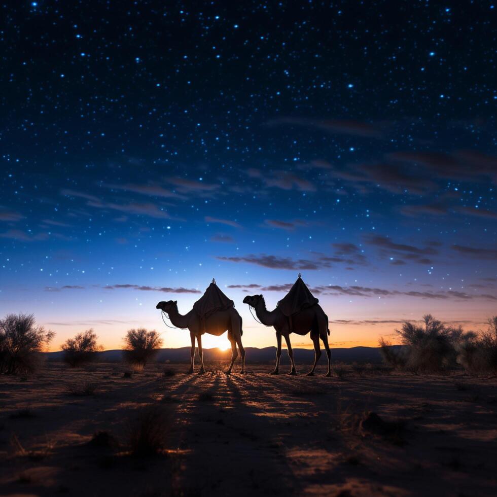 AI generated Dusk enchantment Two camels silhouetted against starry sky at twilight For Social Media Post Size photo