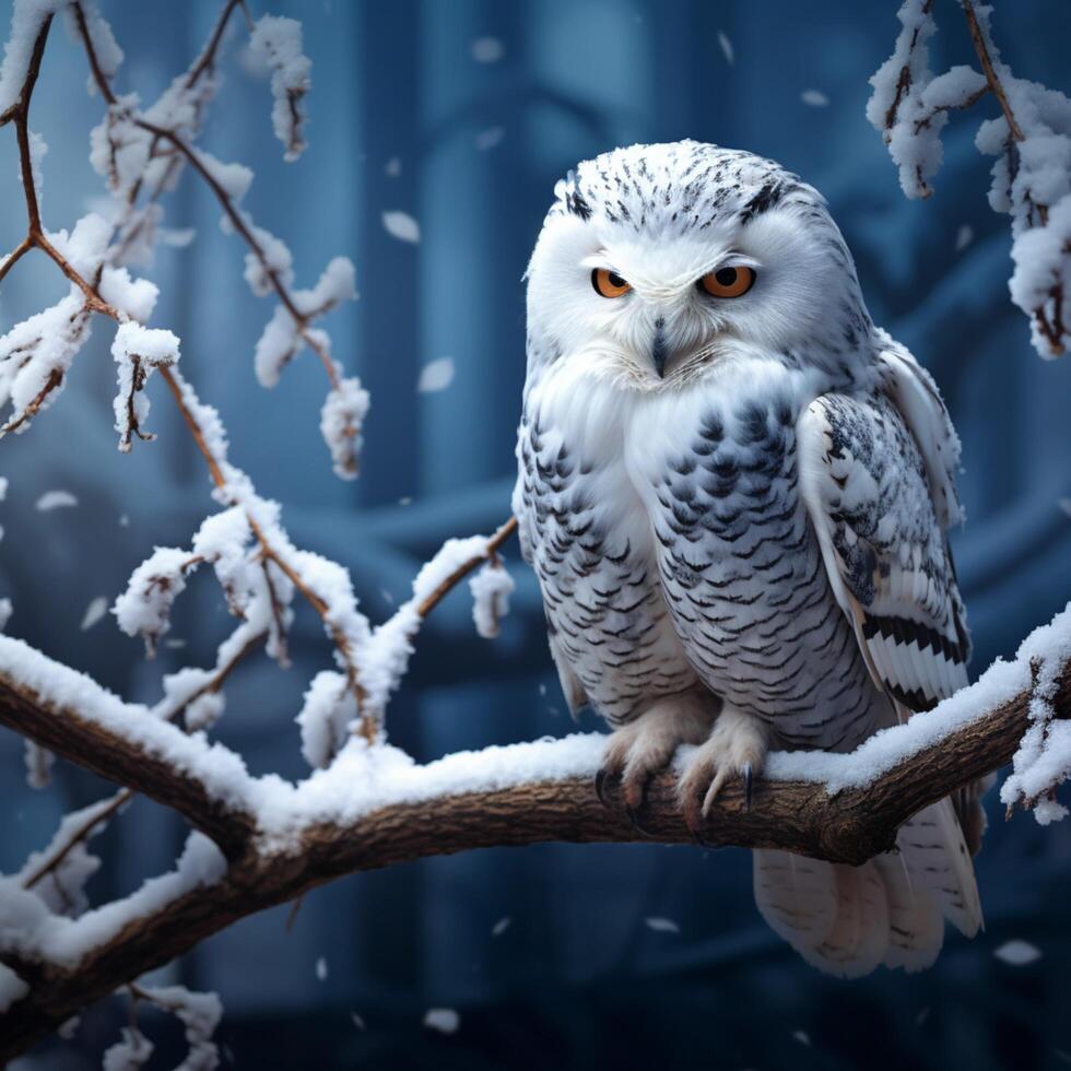 AI generated Ethereal beauty Snowy owl amidst snow covered branches in winter setting For Social Media Post Size photo