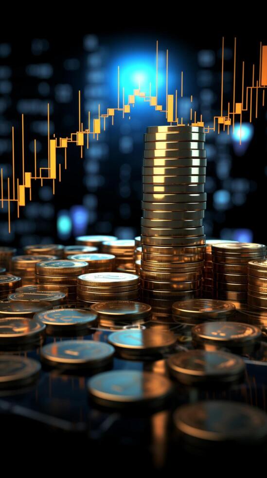 AI generated Digital wealth ascent 3D coin stack with dynamic market backdrop Vertical Mobile Wallpaper photo